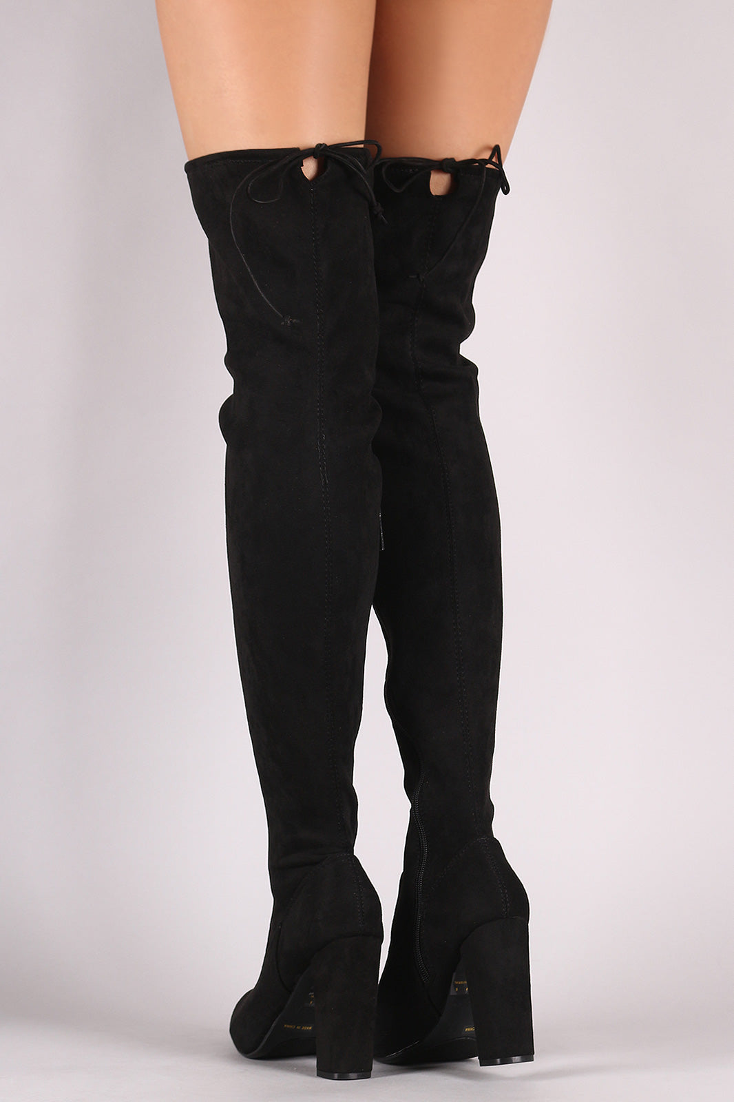 Bamboo Suede Drawstring-Tie Chunky Heeled Over-The-Knee Boots