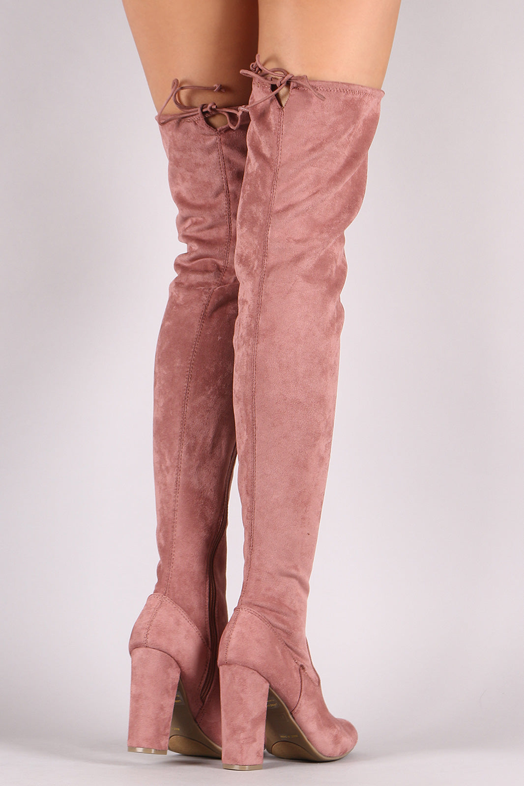 Bamboo Suede Drawstring-Tie Chunky Heeled Over-The-Knee Boots