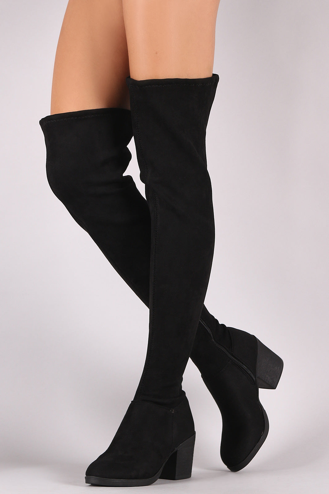 Bamboo Stretched Suede Chunky Heeled OTK Boots