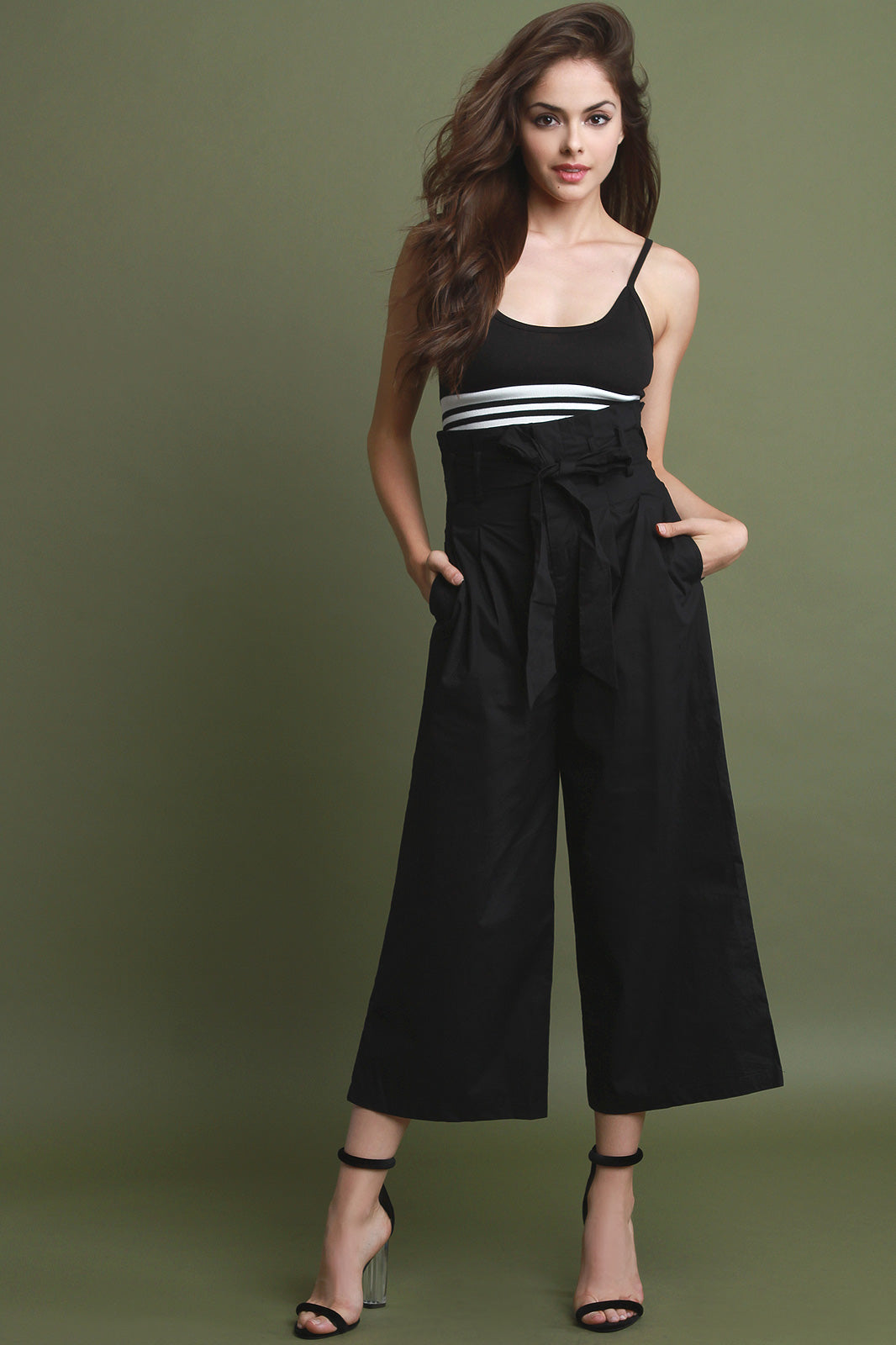 Box Pleated Belted Waist Palazzo Pants