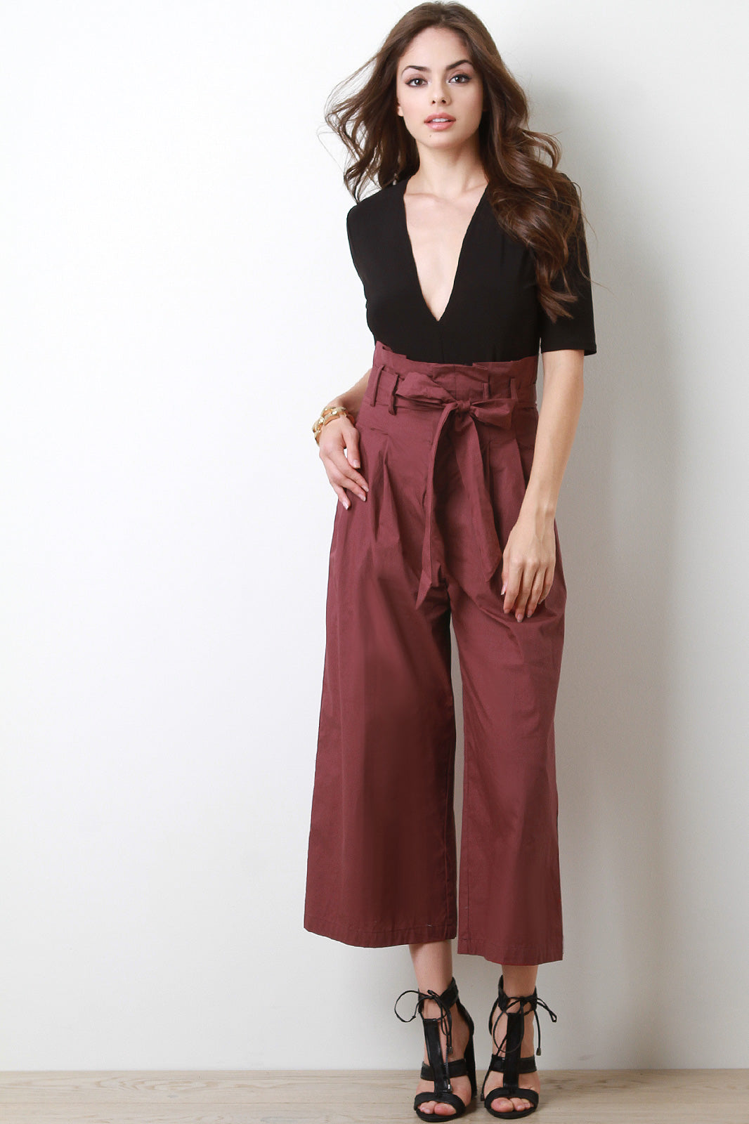 Box Pleated Belted Waist Palazzo Pants