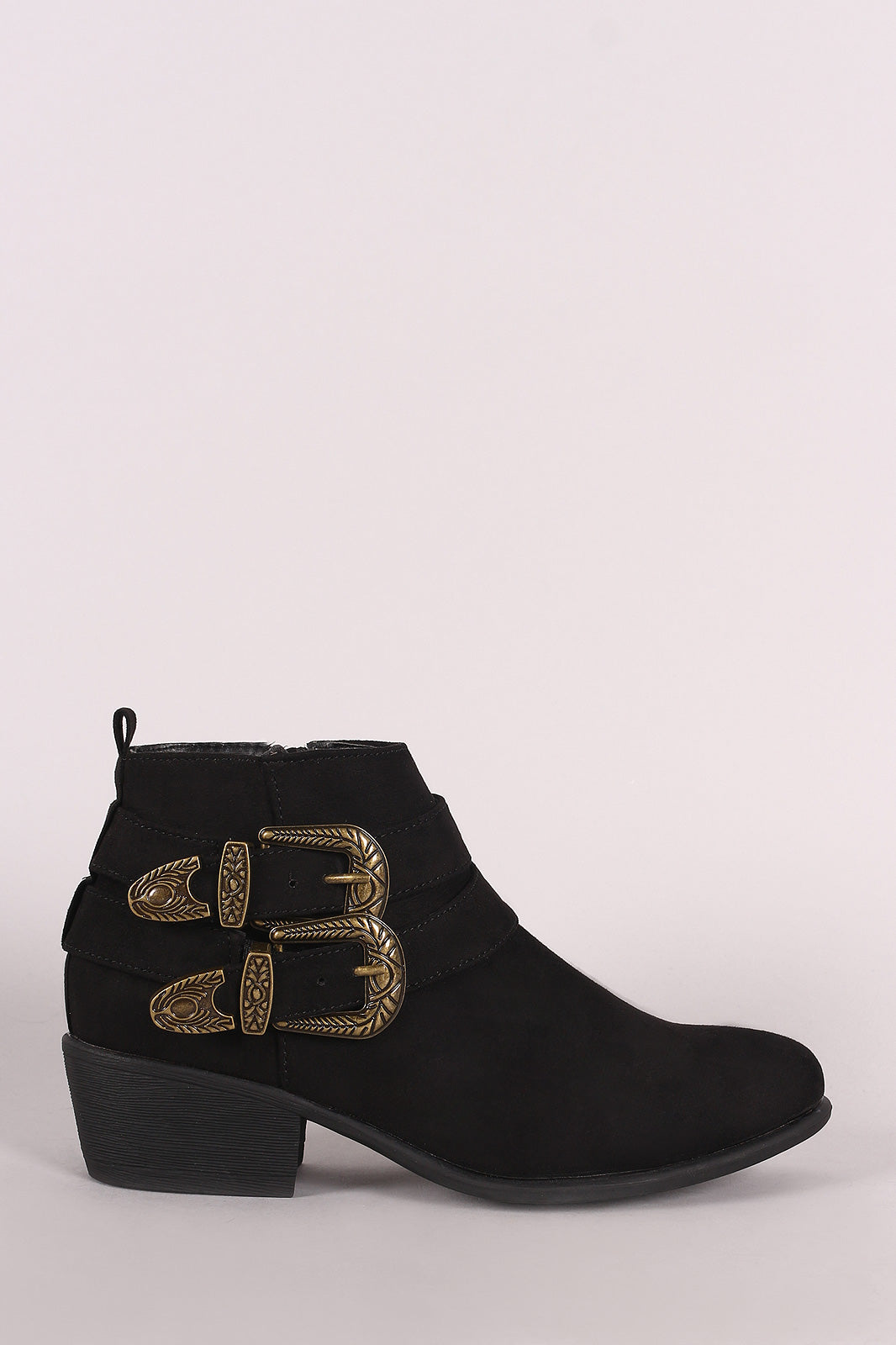 Bamboo Suede Almond Toe Etched Buckled Ankle Booties