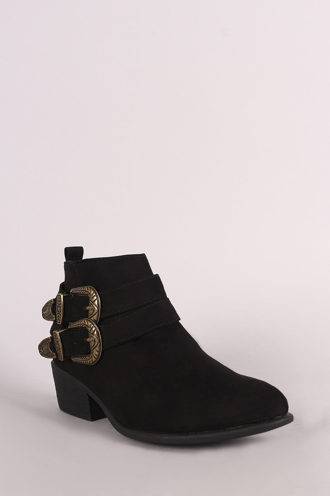 Bamboo Suede Almond Toe Etched Buckled Ankle Booties