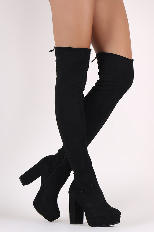 Bamboo Suede Toggle Drawstring Chunky Platform Heeled OTK Boots