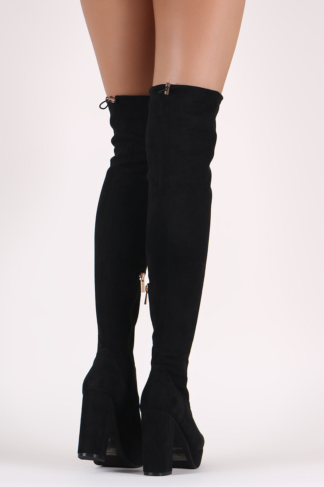 Bamboo Suede Toggle Drawstring Chunky Platform Heeled OTK Boots