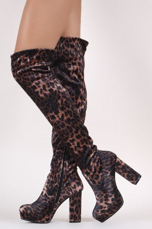 Bamboo Leopard Toggle Drawstring Chunky Platform Heeled OTK Boots