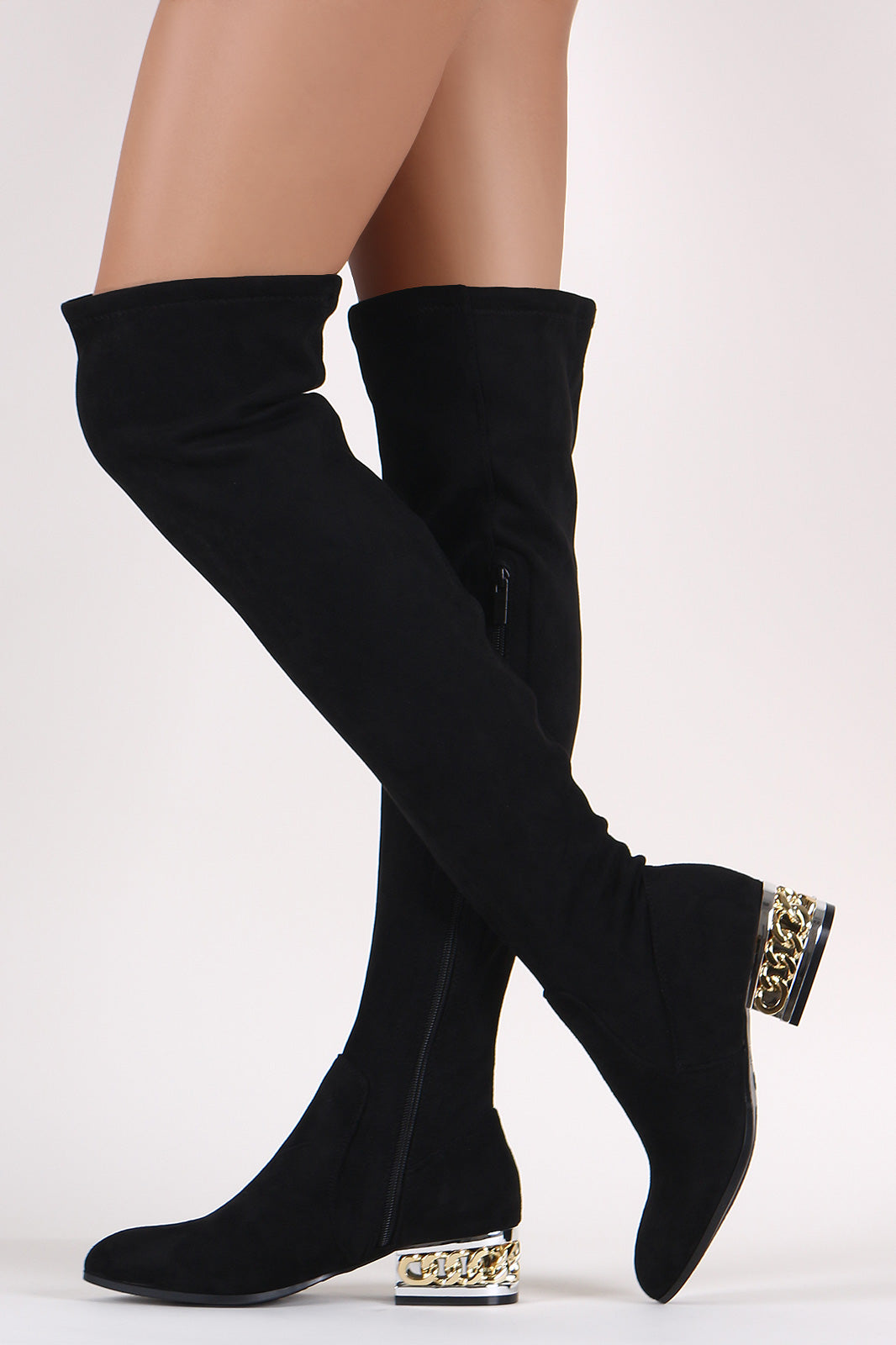 Bamboo Suede Chained Embellished Heeled OTK Boots