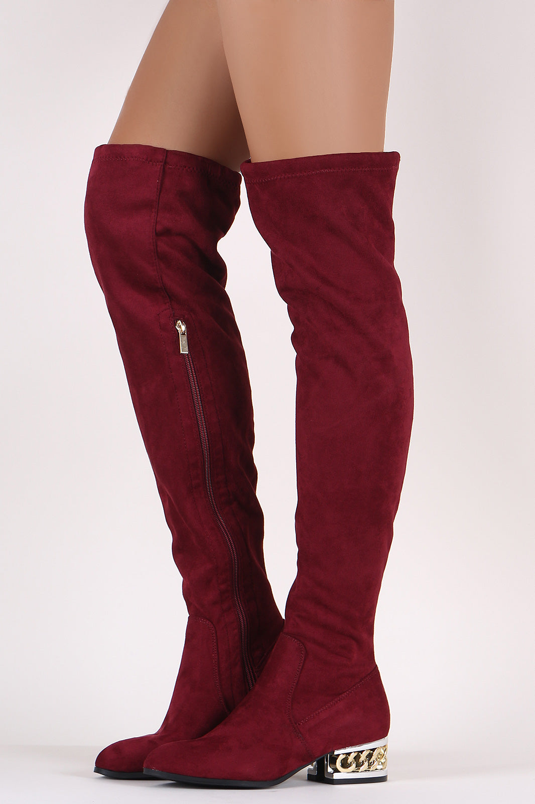 Bamboo Suede Chained Embellished Heeled OTK Boots