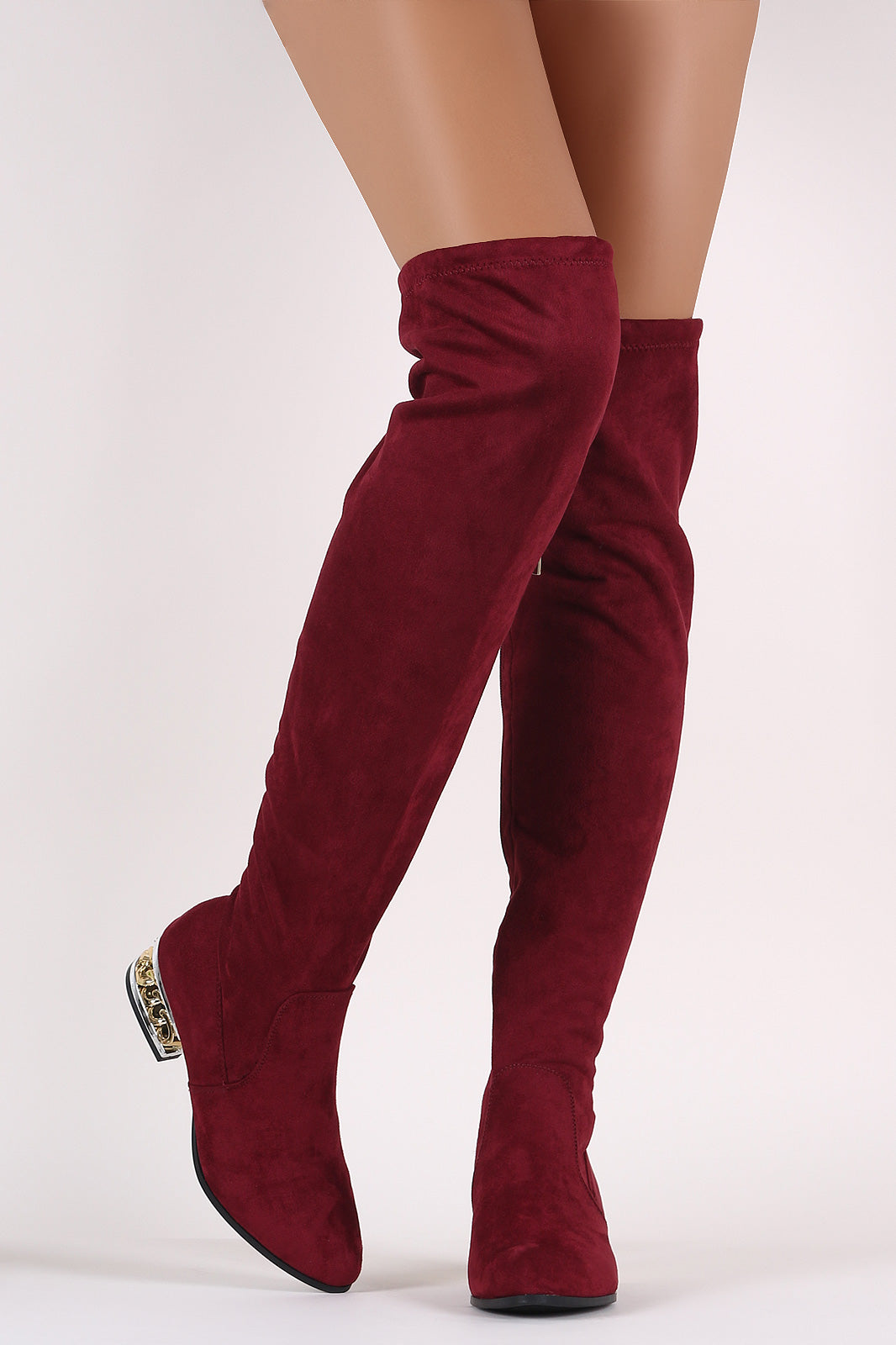 Bamboo Suede Chained Embellished Heeled OTK Boots