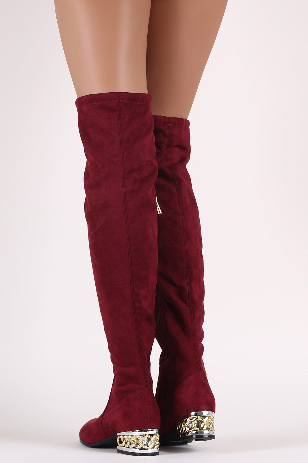 Bamboo Suede Chained Embellished Heeled OTK Boots