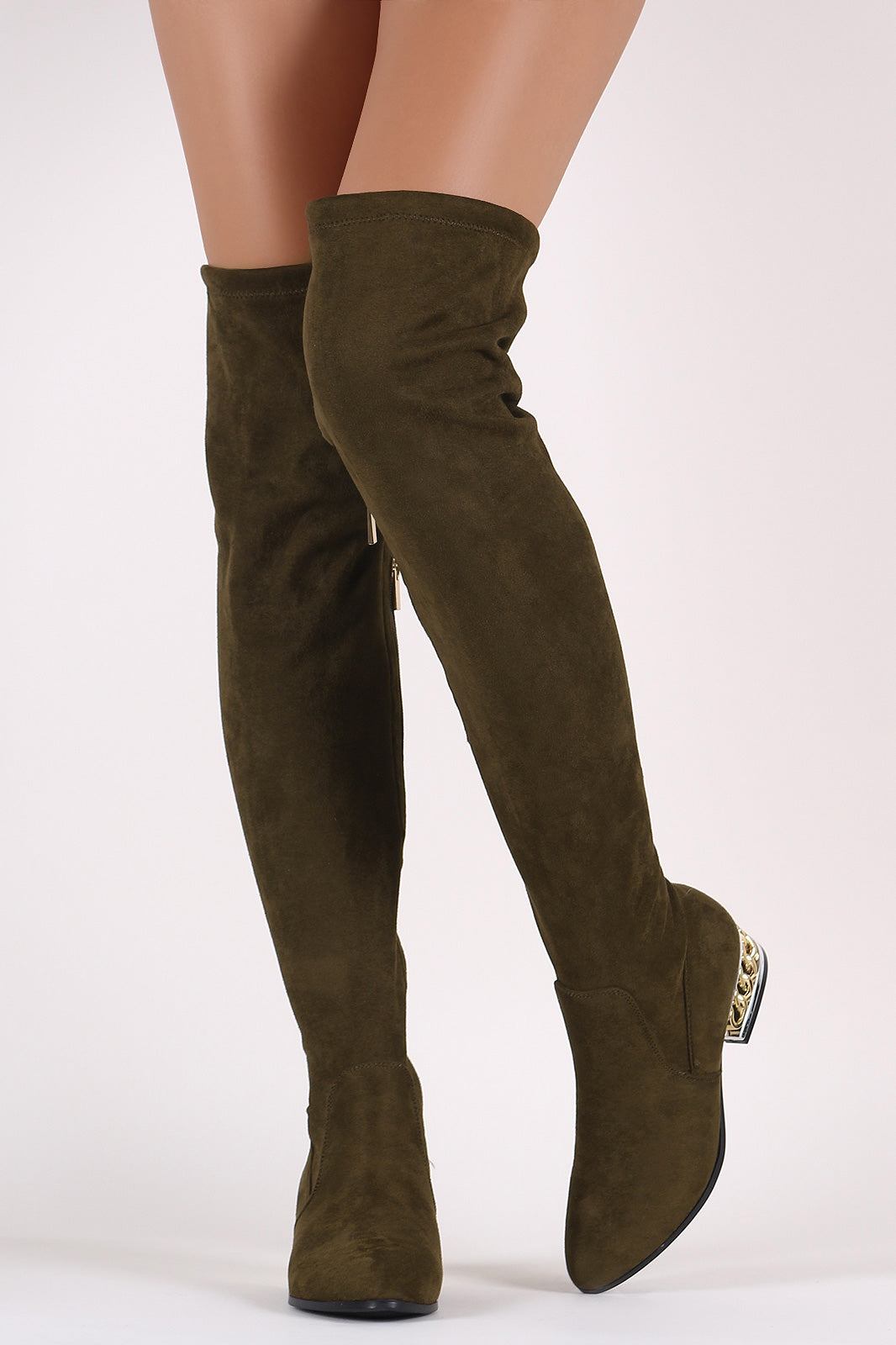 Bamboo Suede Chained Embellished Heeled OTK Boots
