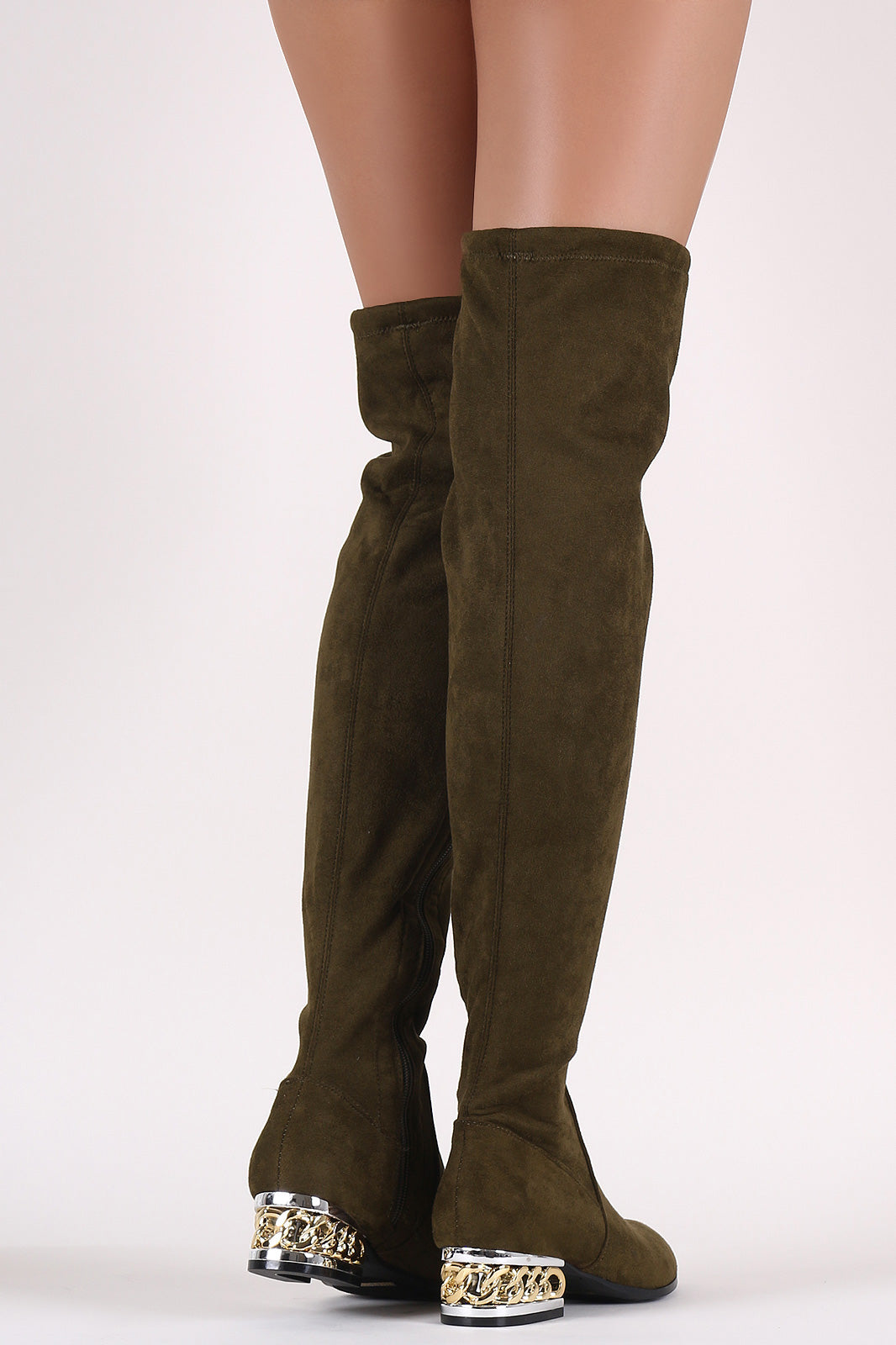 Bamboo Suede Chained Embellished Heeled OTK Boots