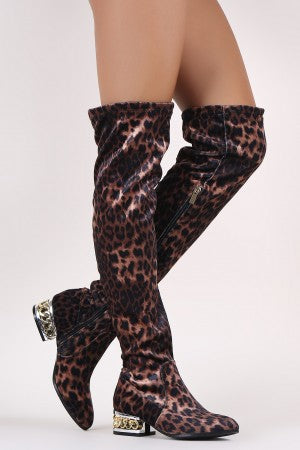 Bamboo Leopard Velvet Chained Embellished Heeled OTK Boots