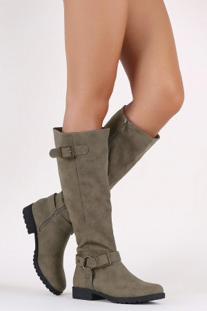 Bamboo Nubuck Buckled Harness Strap Riding Knee High Boots