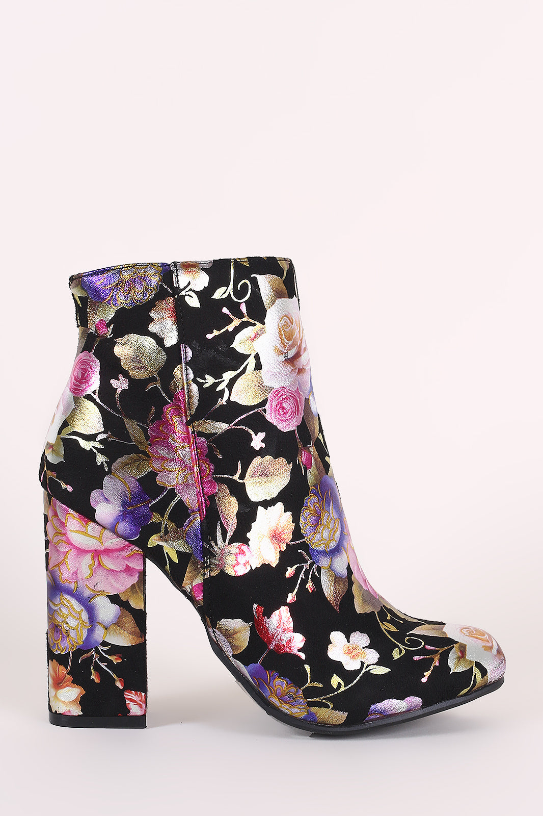 Bamboo Suede Floral Accent Chunky Heeled Booties
