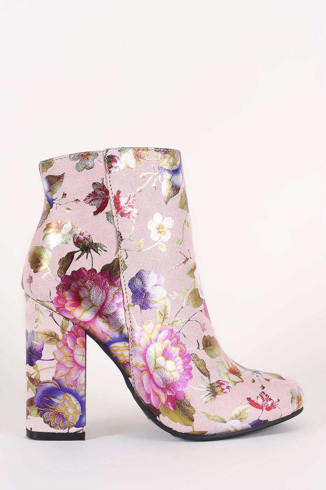 Bamboo Suede Floral Accent Chunky Heeled Booties