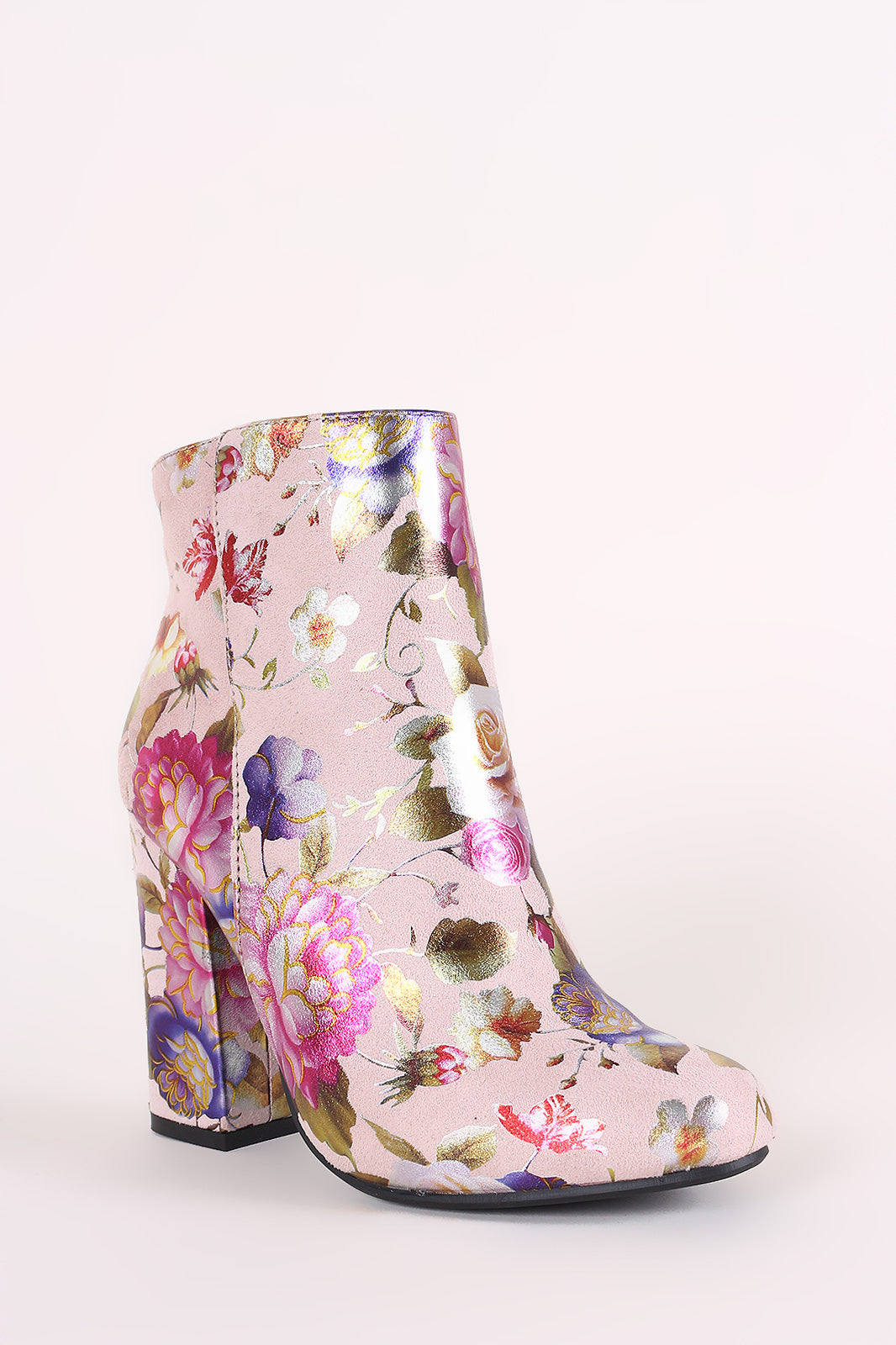 Bamboo Suede Floral Accent Chunky Heeled Booties