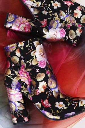 Bamboo Suede Floral Accent Chunky Heeled Booties