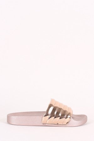 Bamboo Metallic Quilted Open Toe Slide Sandal