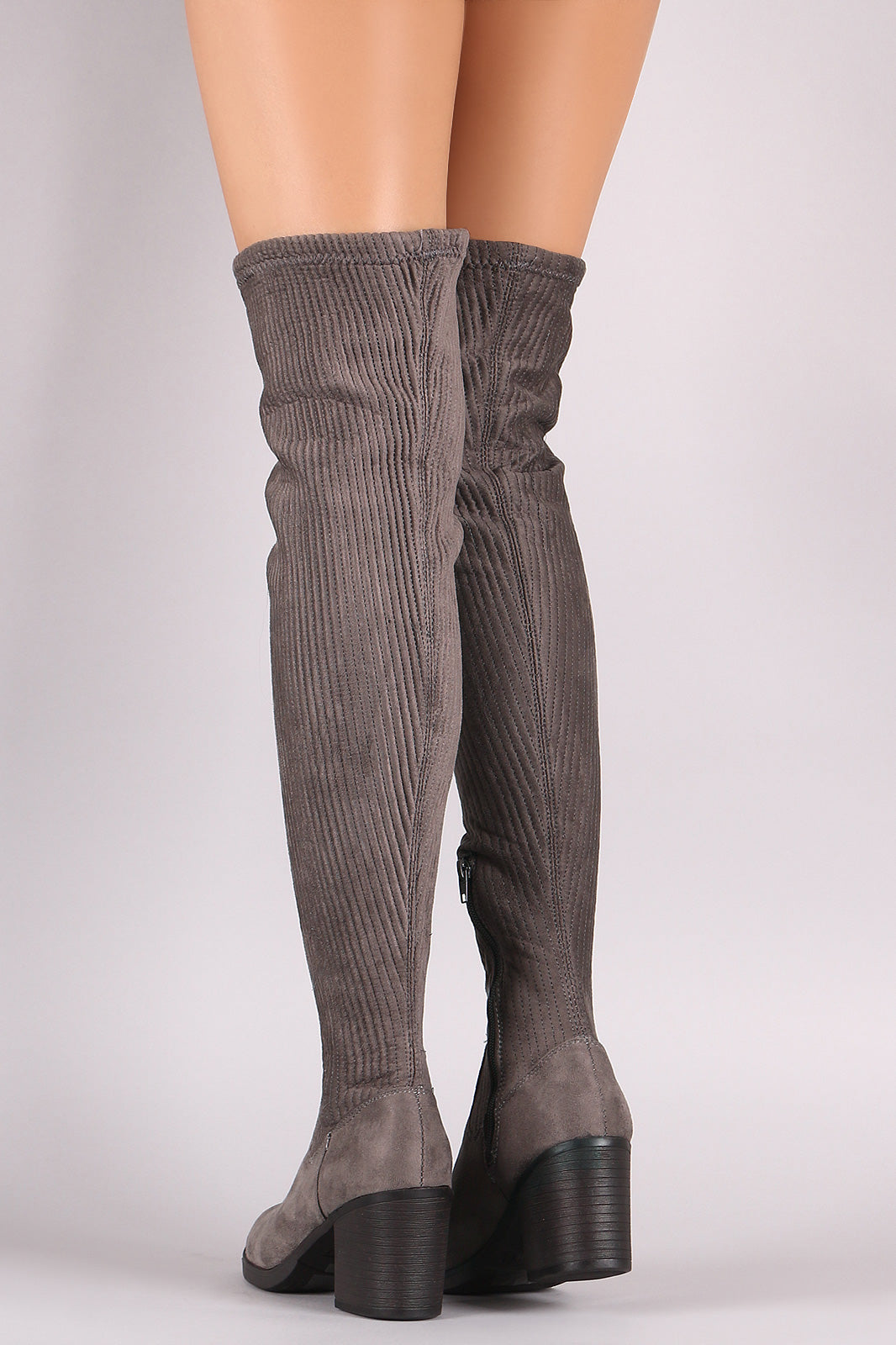 Bamboo Suede Stitchwork Chunky Heeled Riding OTK Boots
