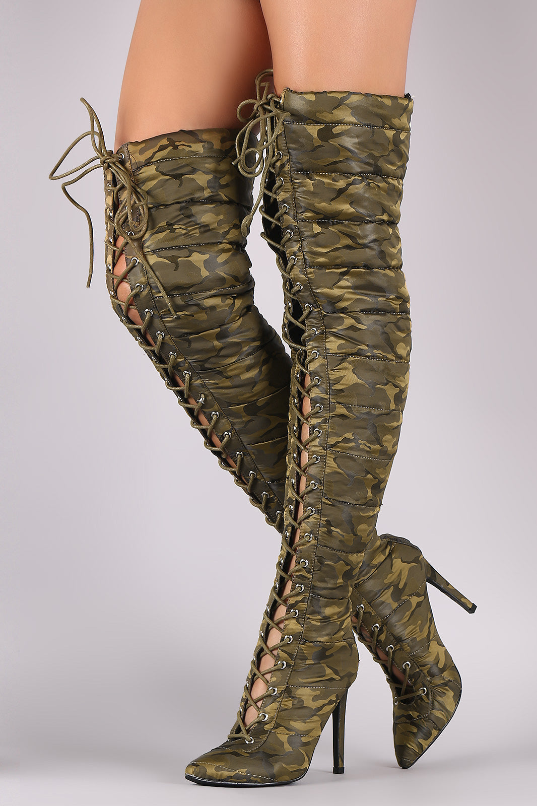 Camouflage Quilted Puffer Lace-Up Stiletto OTK Boots