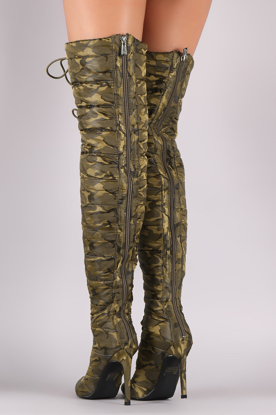 Camouflage Quilted Puffer Lace-Up Stiletto OTK Boots