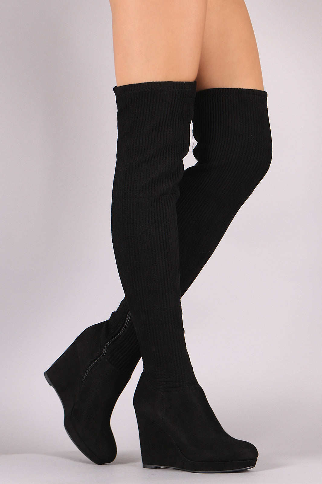 Bamboo Suede Stitchwork OTK Platform Wedge Boots
