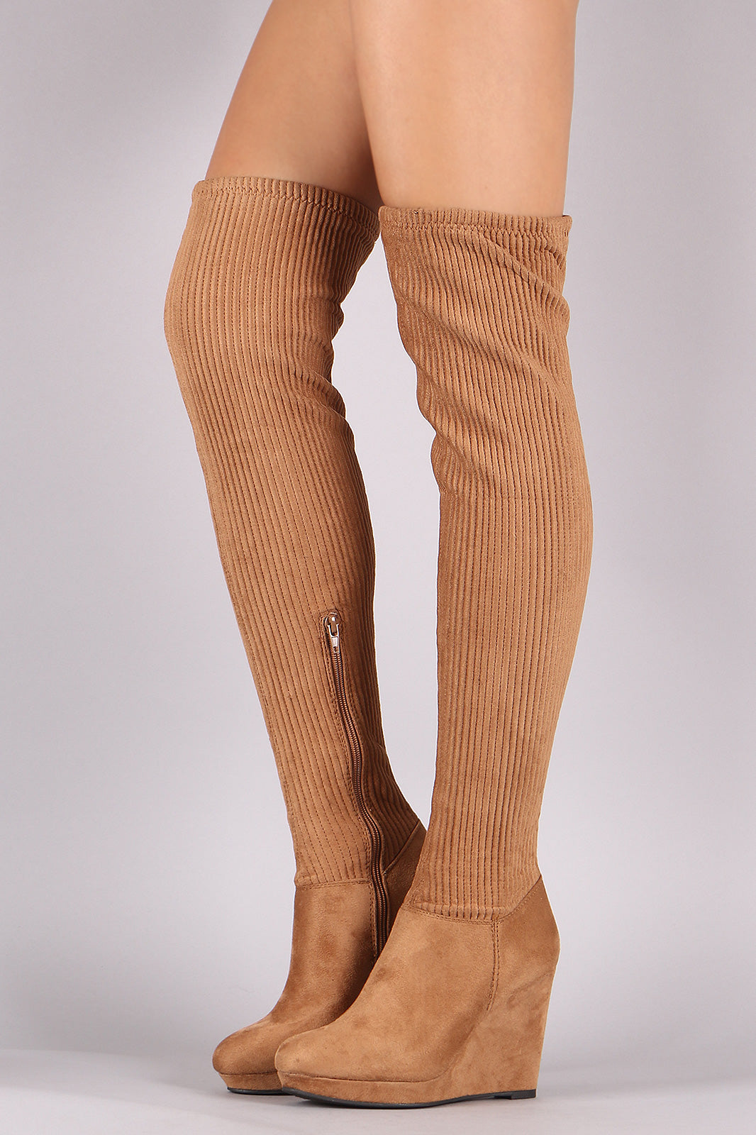 Bamboo Suede Stitchwork OTK Platform Wedge Boots