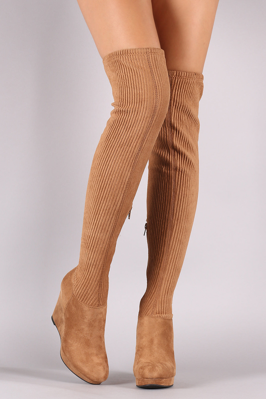 Bamboo Suede Stitchwork OTK Platform Wedge Boots