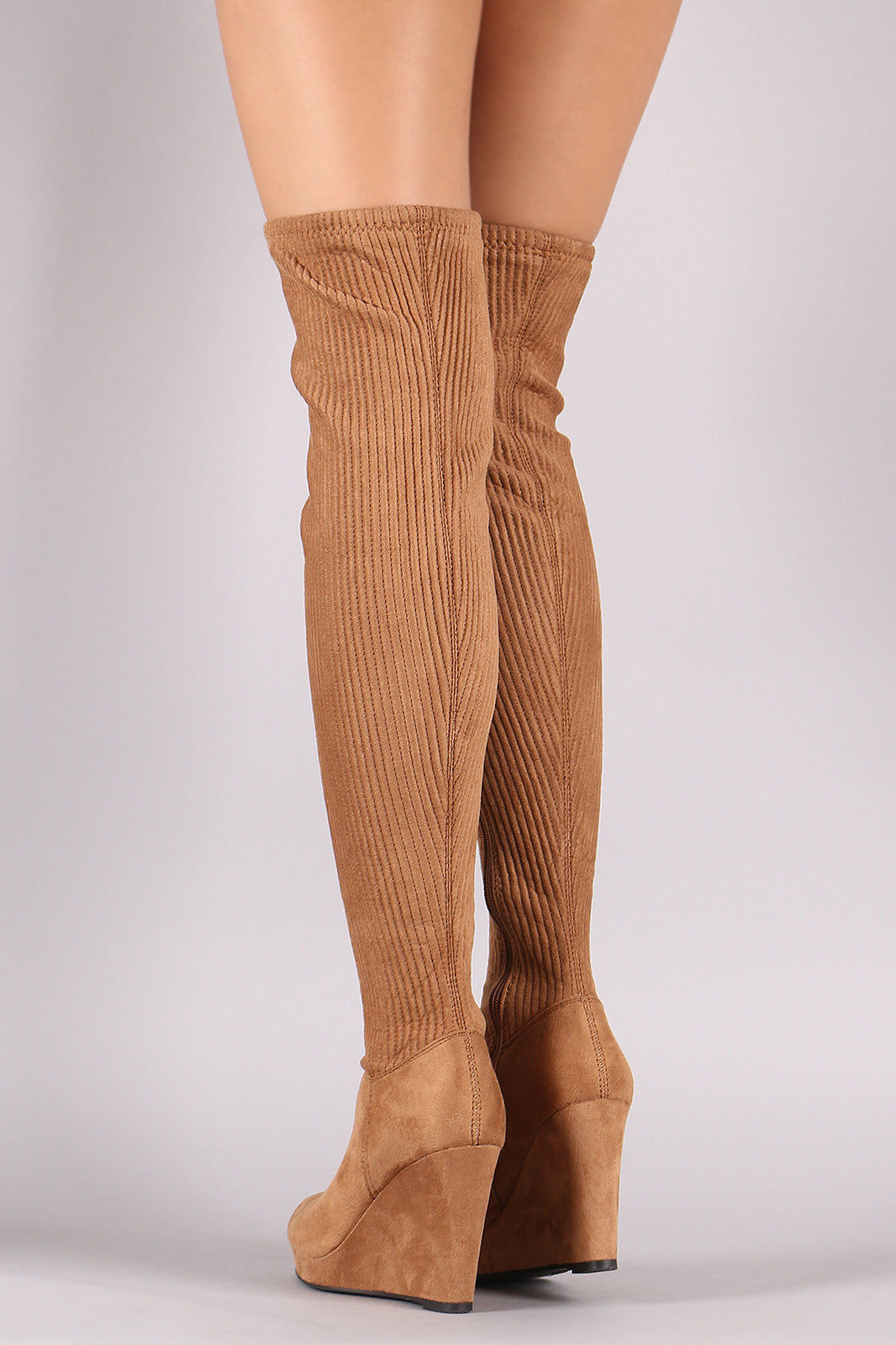 Bamboo Suede Stitchwork OTK Platform Wedge Boots