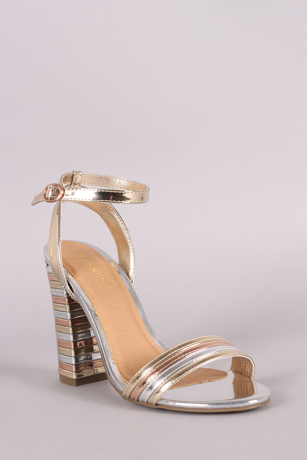 Bamboo Patent Mixed Media Striped Band Chunky Heel
