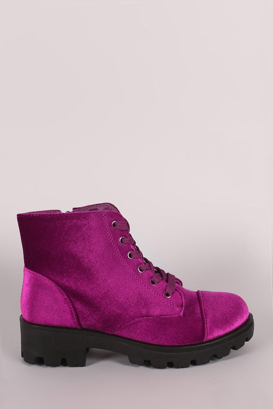 Bamboo Velvet Lace-Up Combat Ankle Boots