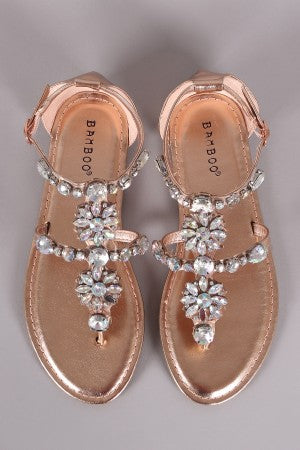 Bamboo Rhinestone Embellished Thong Flat Sandal
