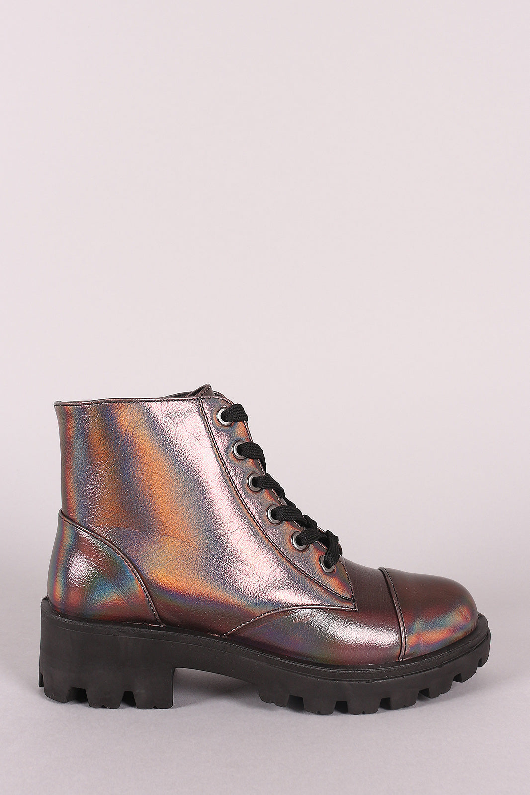 Bamboo Holographic Lace-Up Combat Ankle Boots