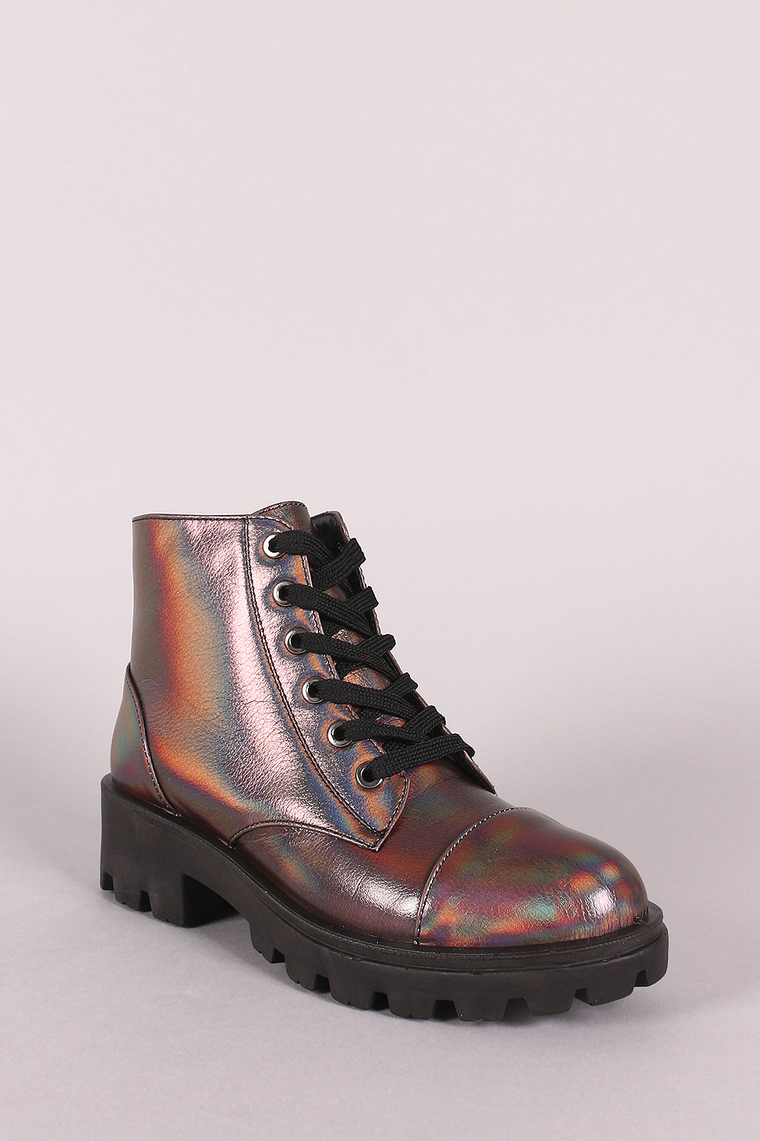 Bamboo Holographic Lace-Up Combat Ankle Boots
