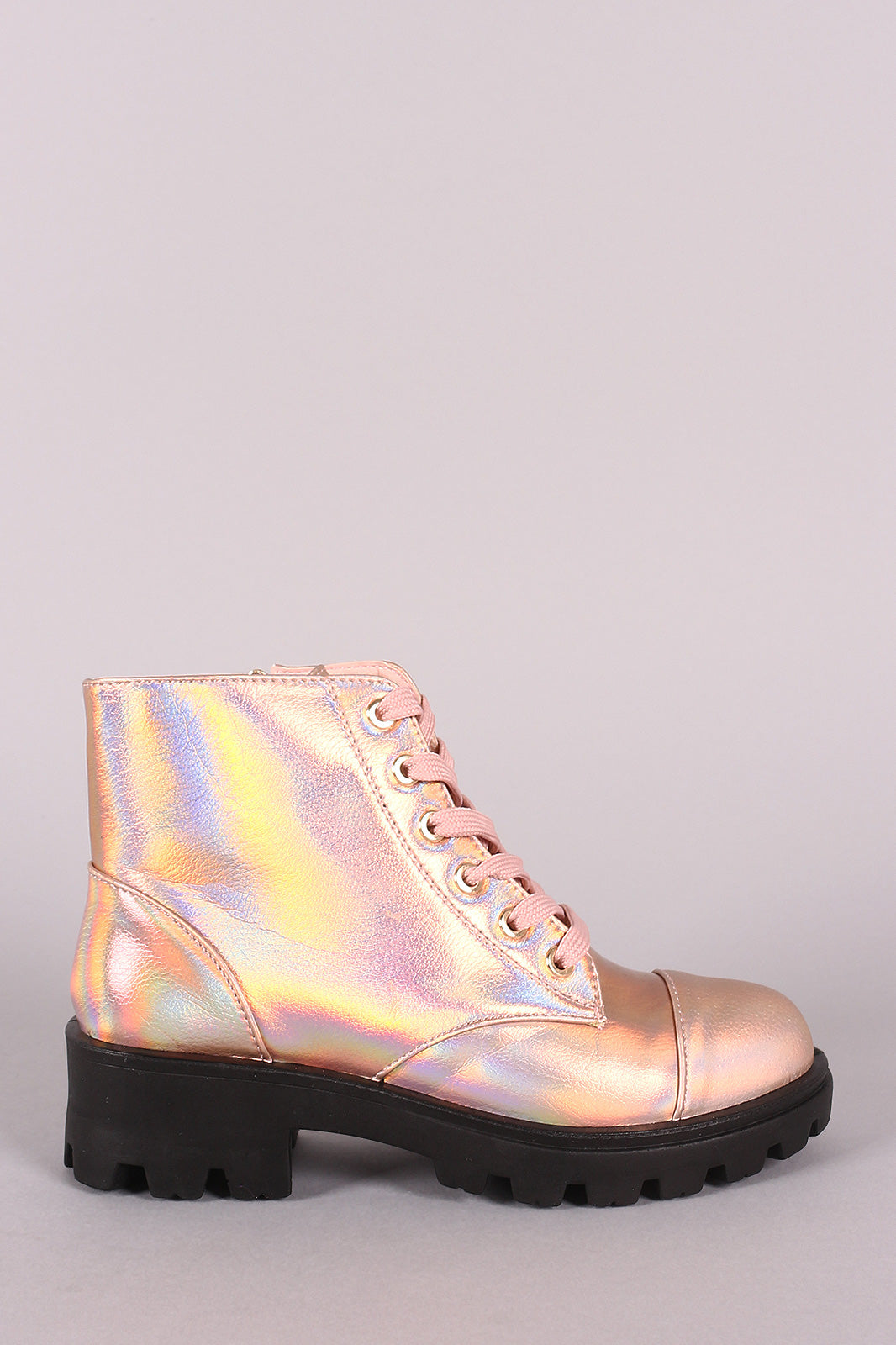 Bamboo Holographic Lace-Up Combat Ankle Boots