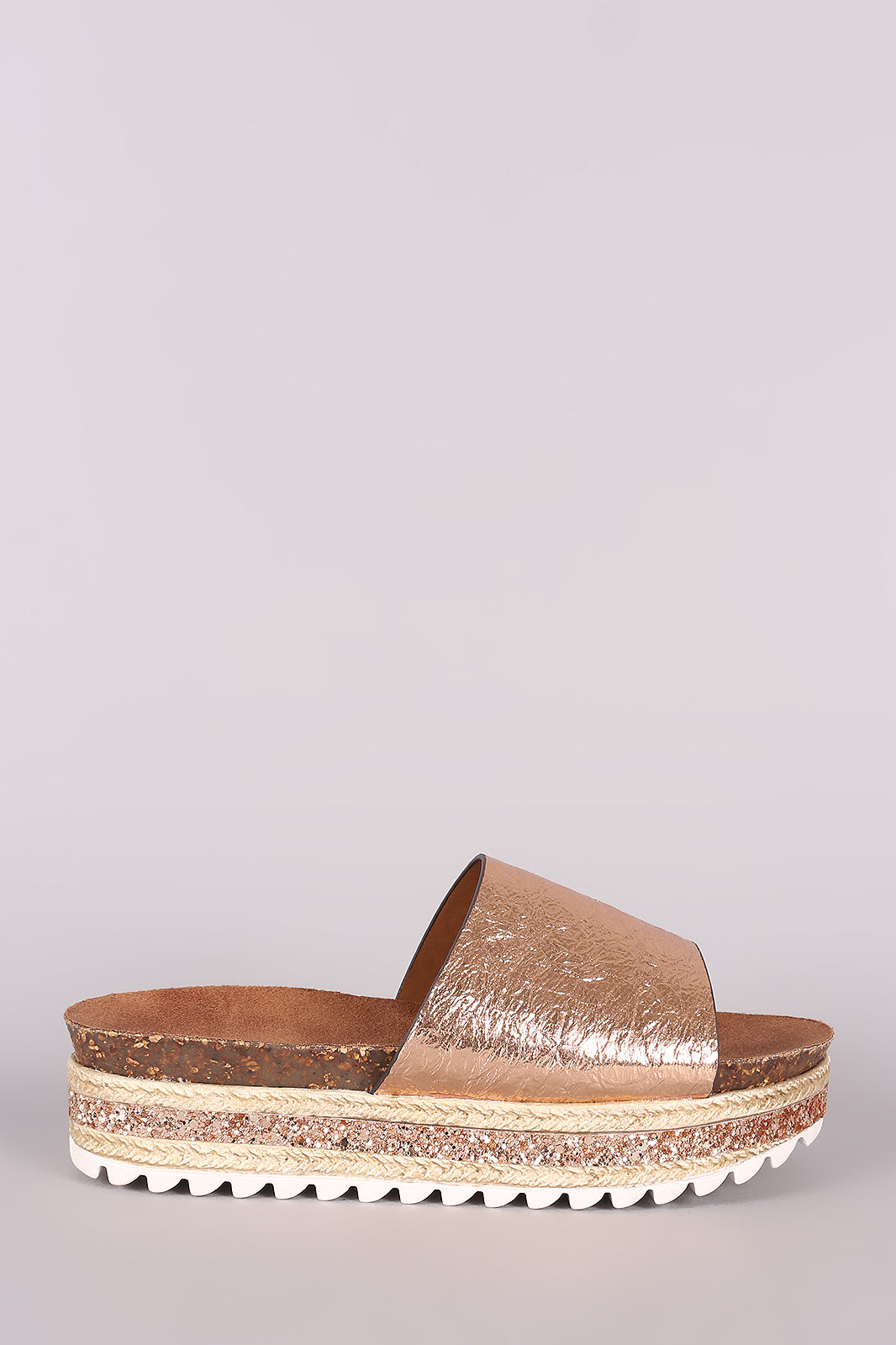 Bamboo Metallic Glitter Espadrille Trim Flatform Slide Sandal
