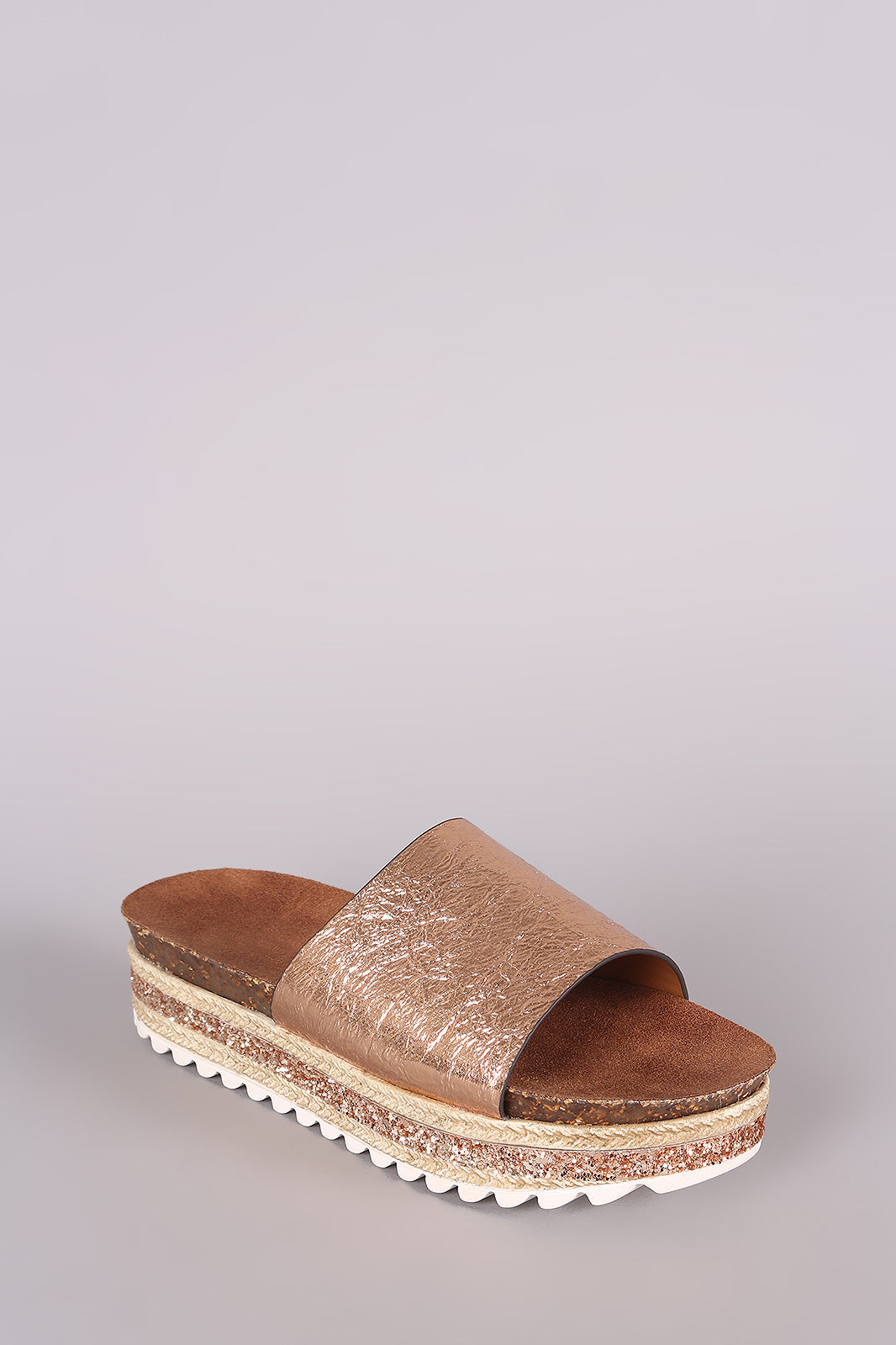 Bamboo Metallic Glitter Espadrille Trim Flatform Slide Sandal