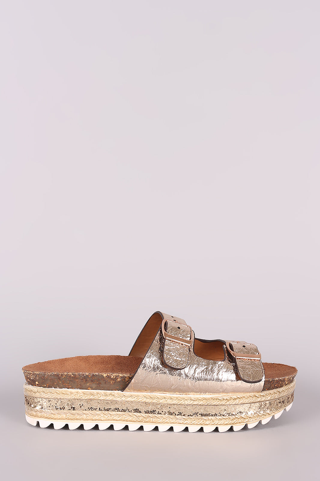 Bamboo Metallic Glitter Espadrille Trim Buckled Slide Sandal