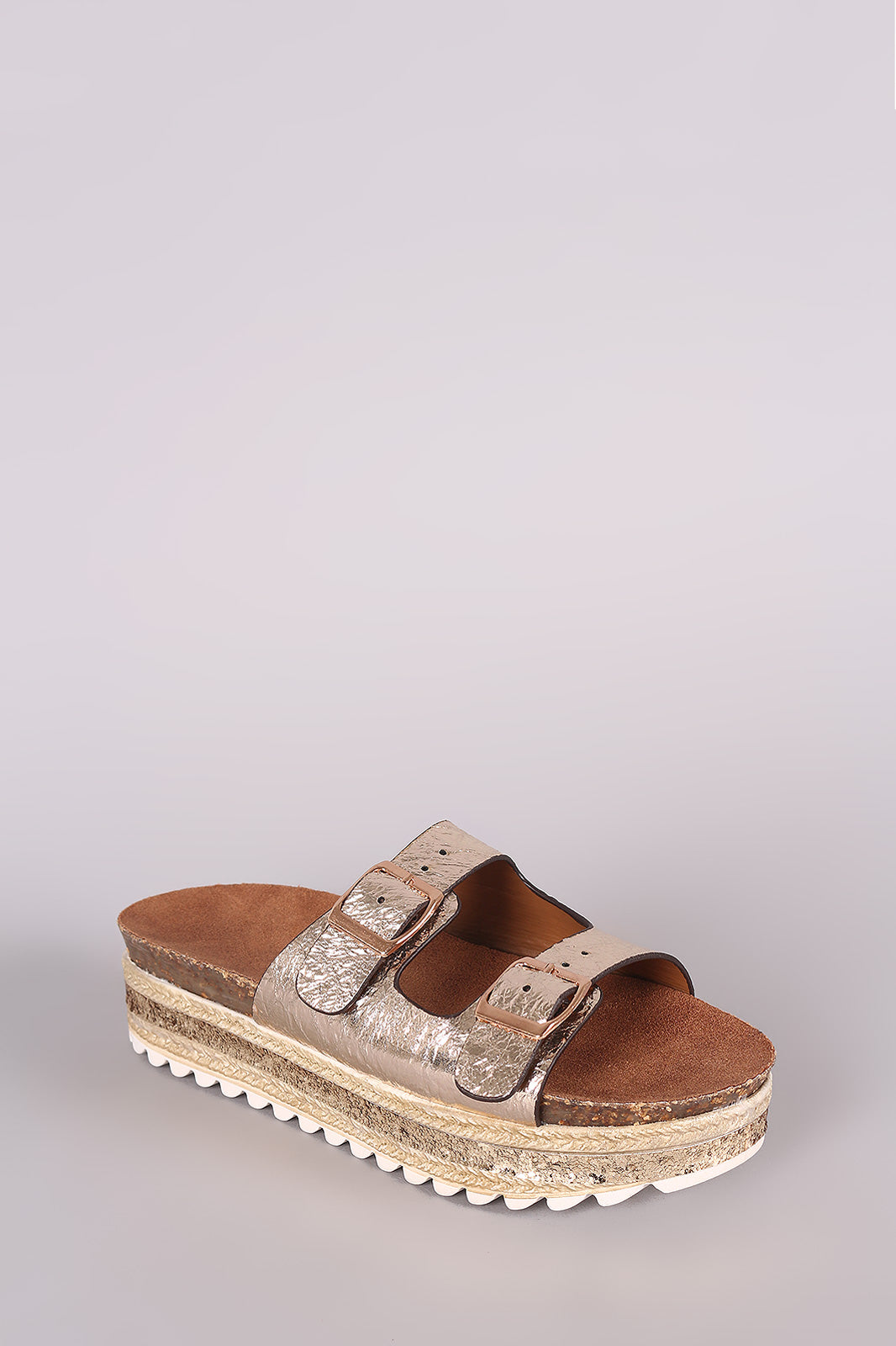 Bamboo Metallic Glitter Espadrille Trim Buckled Slide Sandal