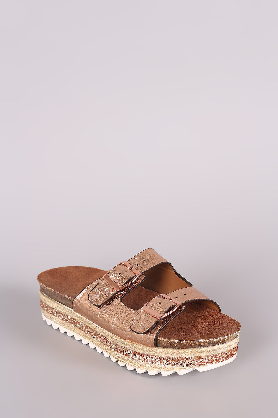 Bamboo Metallic Glitter Espadrille Trim Buckled Slide Sandal
