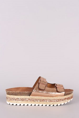 Bamboo Metallic Glitter Espadrille Trim Buckled Slide Sandal