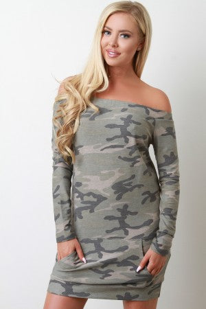 Camouflage Bardot Kangaroo Pocket Dress