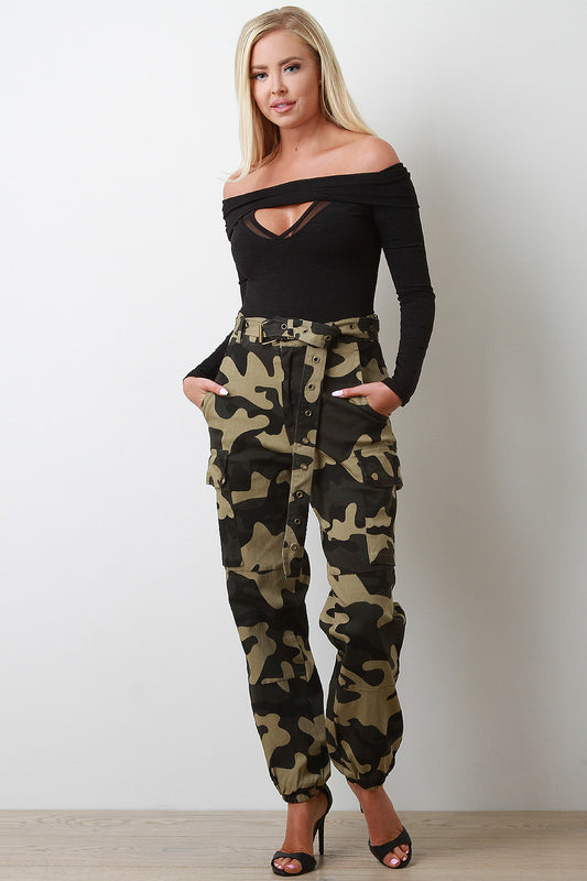 Camouflage Print Cargo Belted Jogger Pants