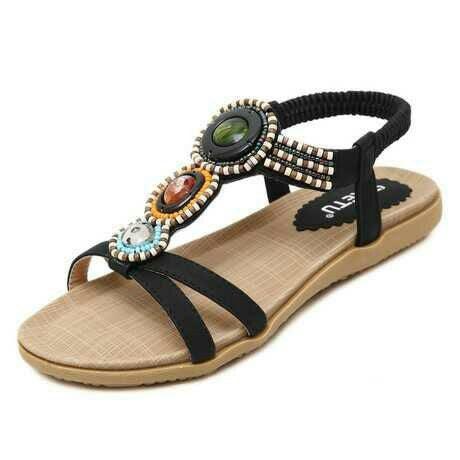 Beaded Flower Bohemian Tribal Gladiator Slingback Flat Sandal Apricot