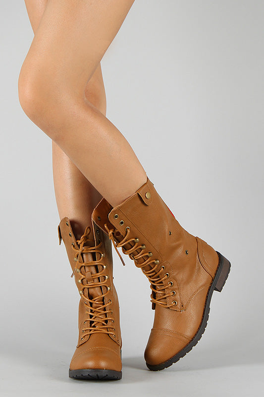 Plaid Cuff Lace Up Military Boot