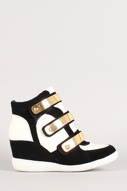 Two-Tone Metallic Plate Strappy Wedge Sneaker