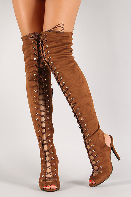 Breckelle Lace Up Back Cutout Stiletto Over-The-Knee Boot