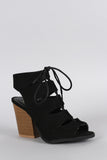 Qupid Suede Slit Cutout Lace Up Chunky Heel