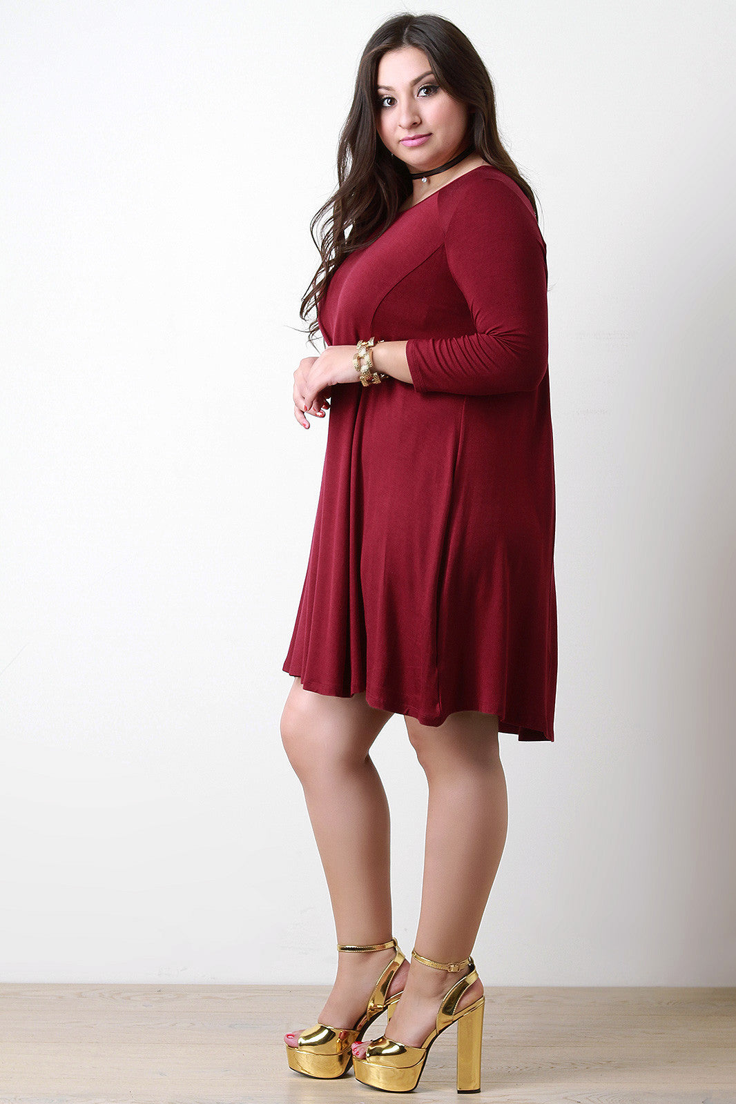 Round Neck Long Sleeves Teardrop Midi Shift Dress